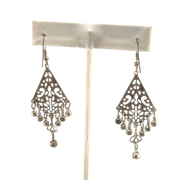 Vintage Silver Filigree Triangle Dangle Earrings Statement Boho Tribal Jewelry - Picture 2 of 8